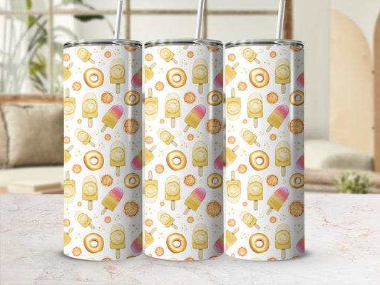 Three tumblers with a pattern of popsicles and citrus slices.