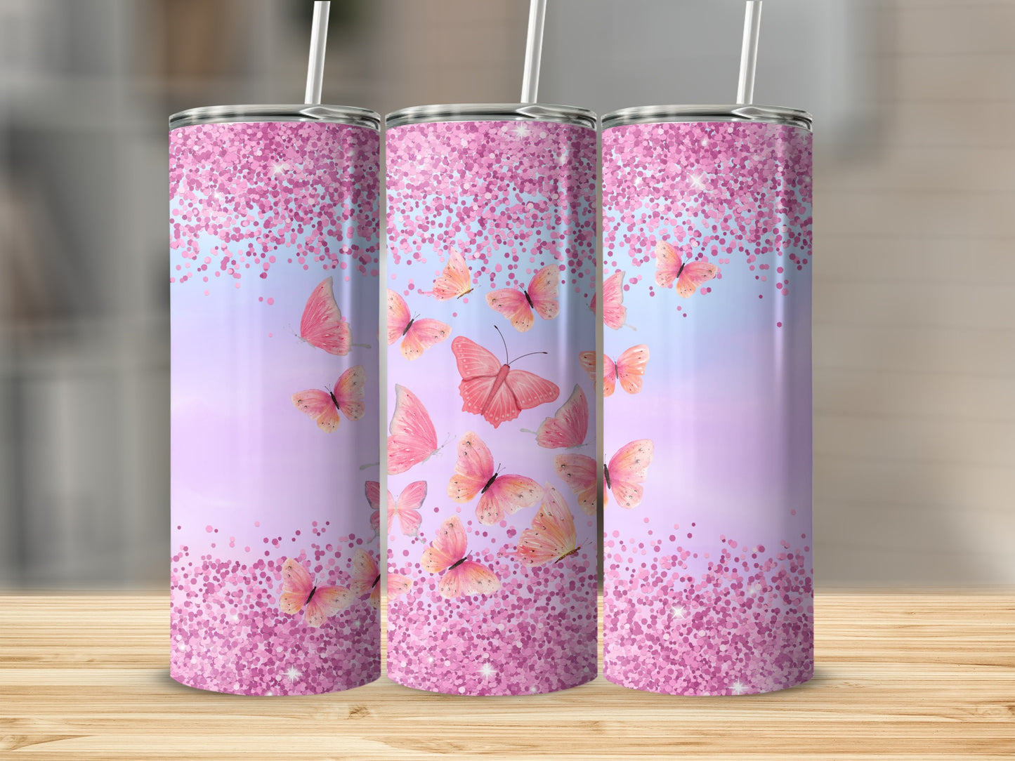Pink Butterfly Glitter Tumbler product