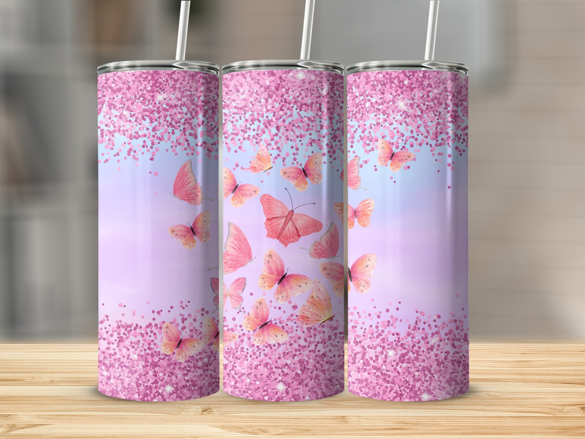 Pink Butterfly Glitter Tumbler product