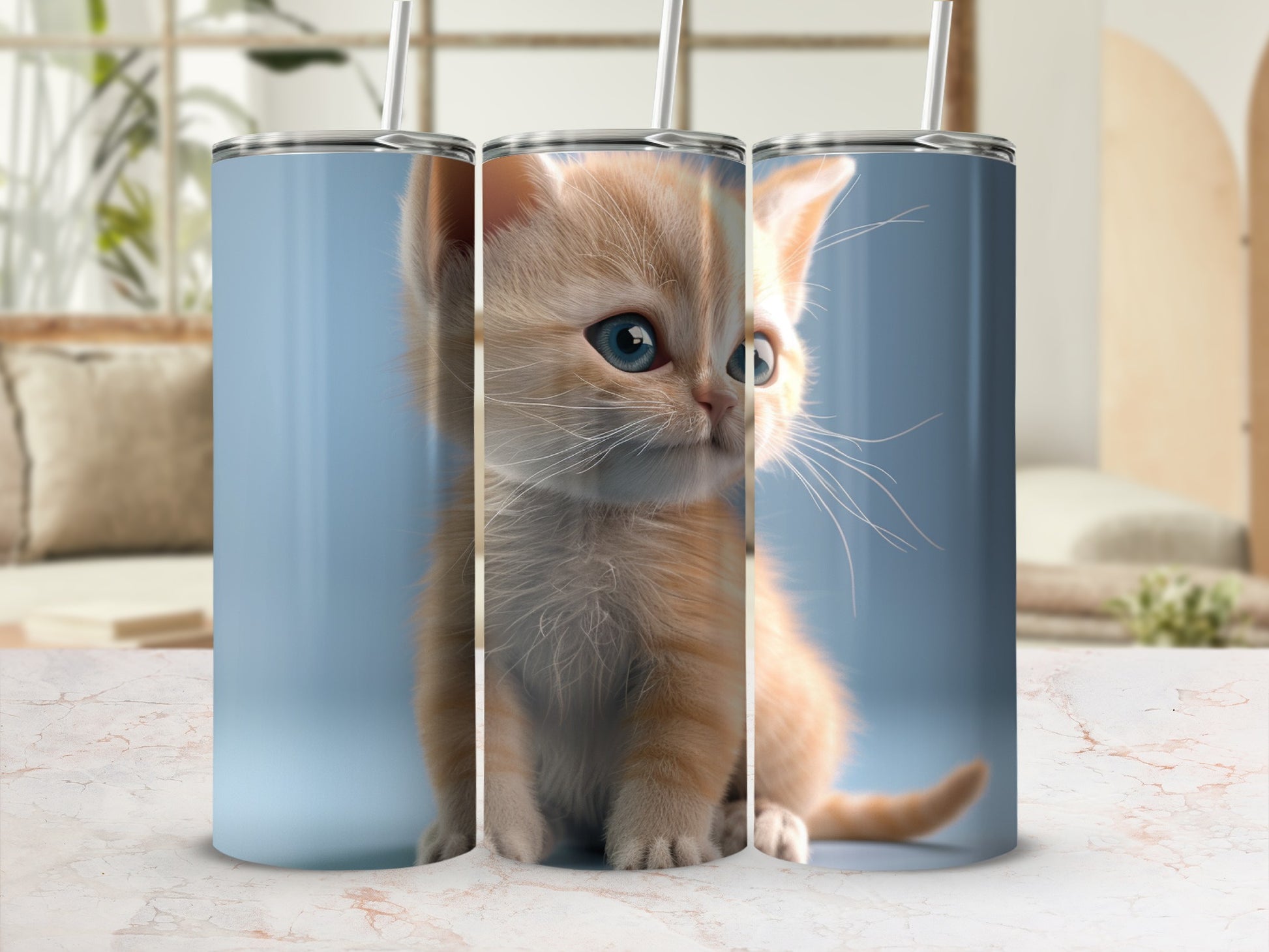 Orange kitten sitting on a light blue background, featured on three tumblers.