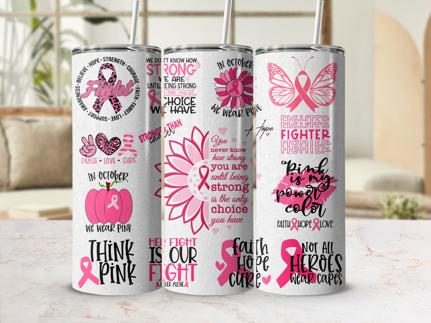 Pink breast cancer awareness tumbler with quotes and designs.