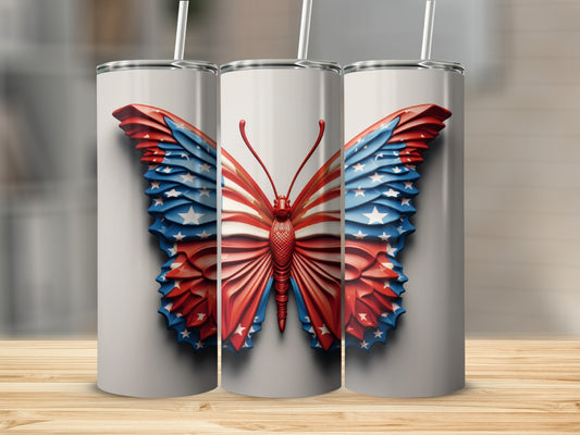 Butterfly tumbler with patriotic red, white, and blue American flag design.