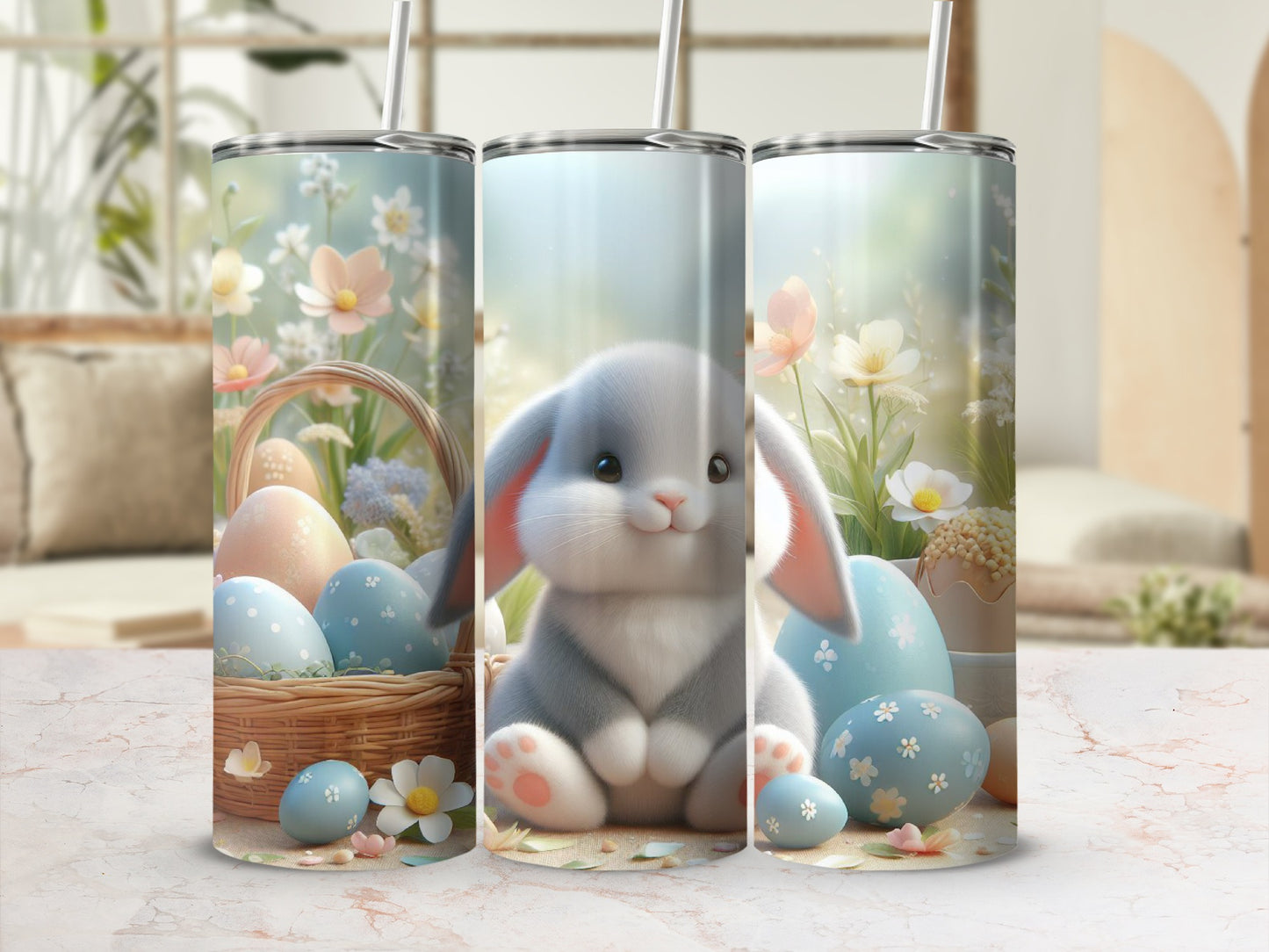 Easter bunny with colorful eggs and spring flowers in a basket.