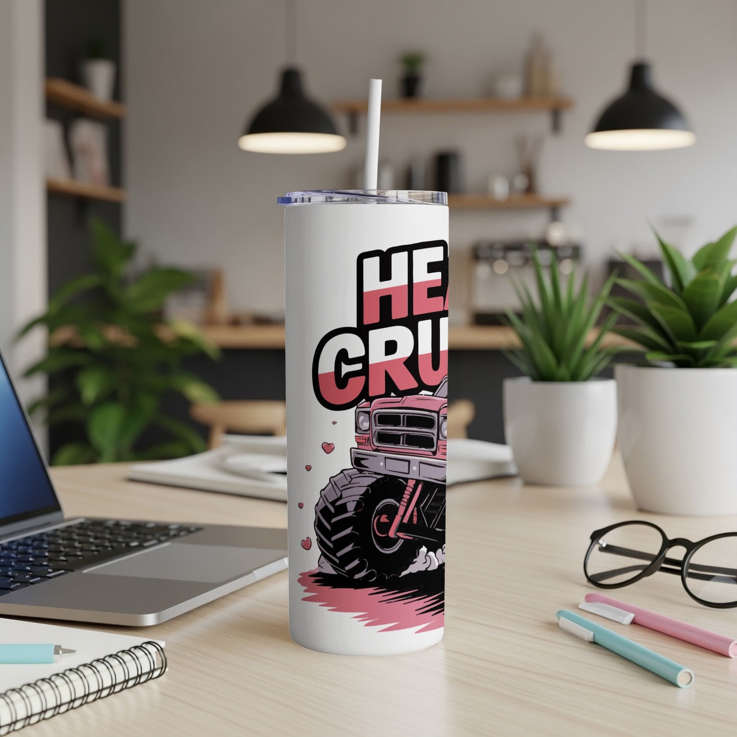 White tumbler with red monster truck and "HEAVY CRUSH" text.