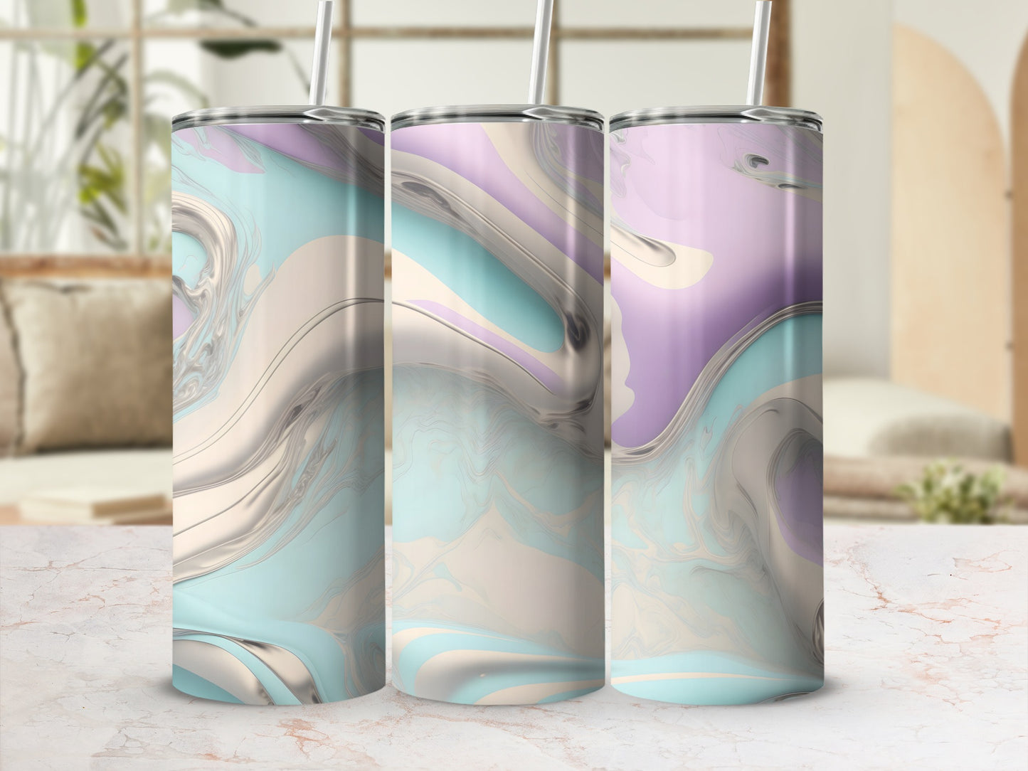 Three tumblers with pastel marble swirl pattern on a white surface.