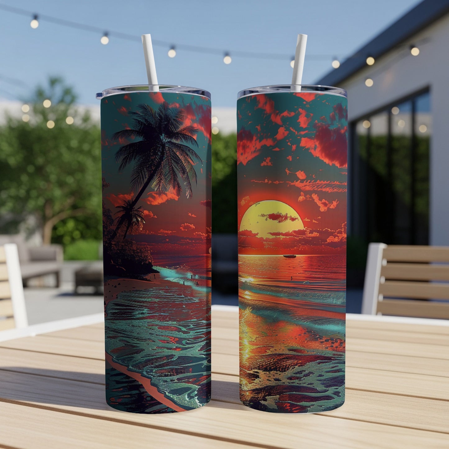 Two tumblers featuring a vibrant sunset over a tropical beach with palm trees.