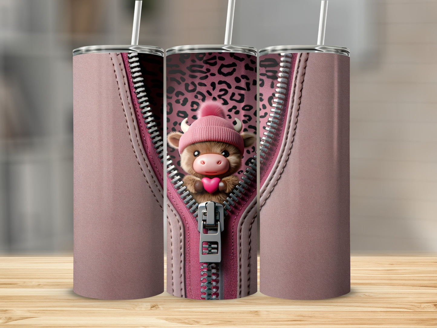 Pink tumbler with a zipped design revealing a cartoon cow wearing a hat and holding a heart.