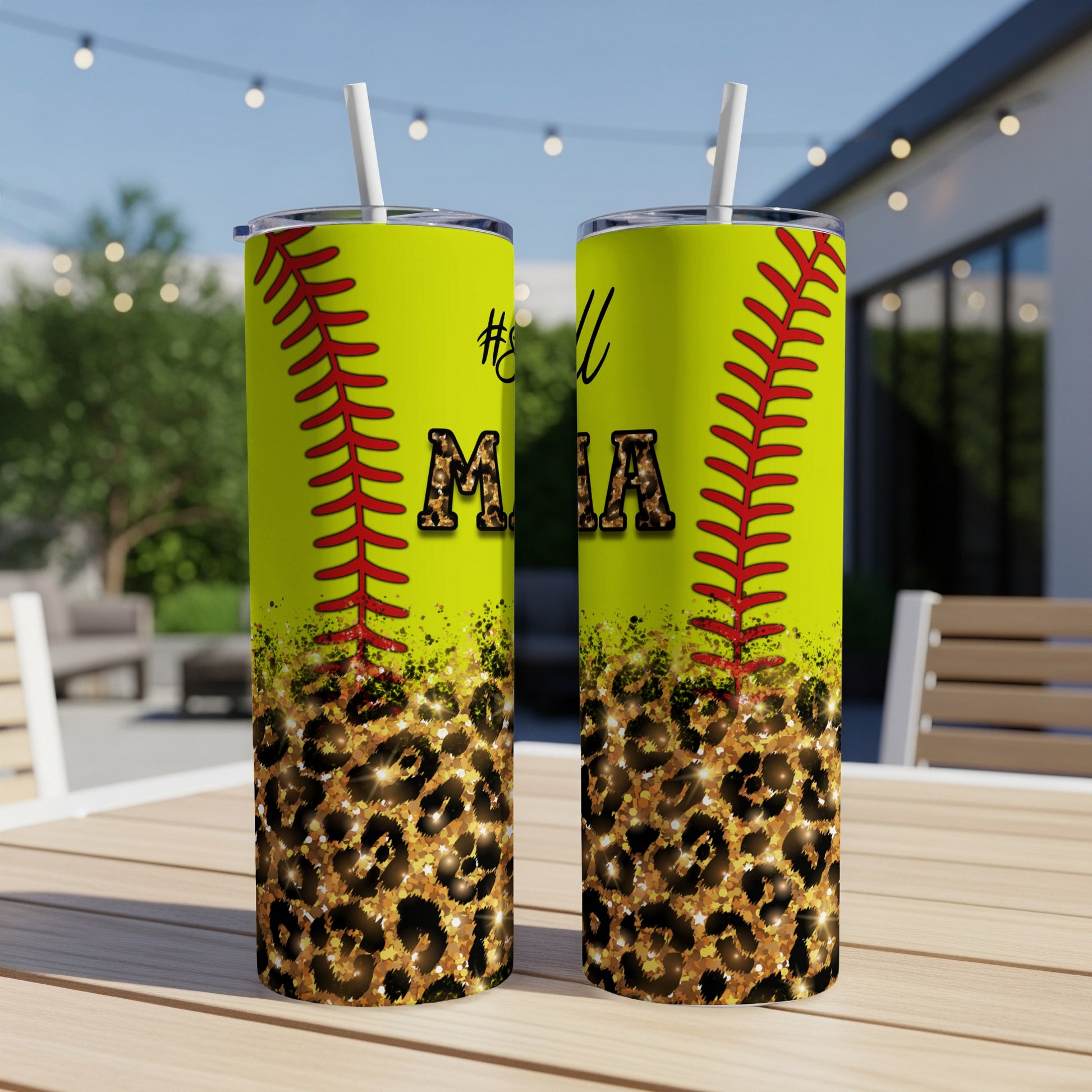 Two yellow tumblers with softball stitching and "Softball Mama" text.