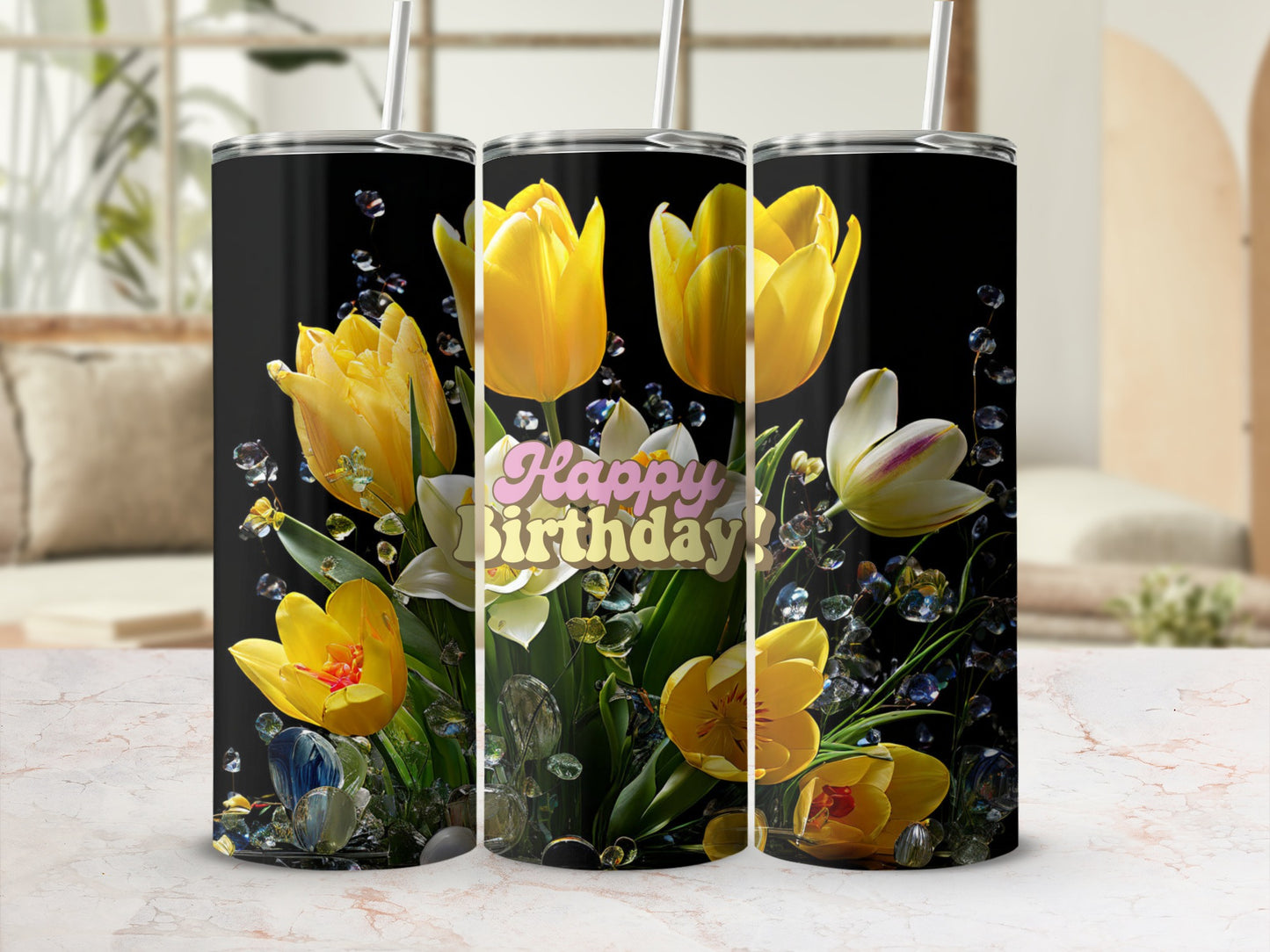 Black tumbler with yellow tulips and "Happy Birthday!" text.