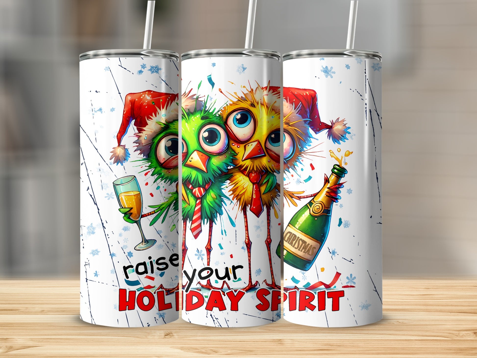 Three cartoon birds in Santa hats raise a glass and a bottle of champagne, with "raise your HOLIDAY SPIRIT" text.