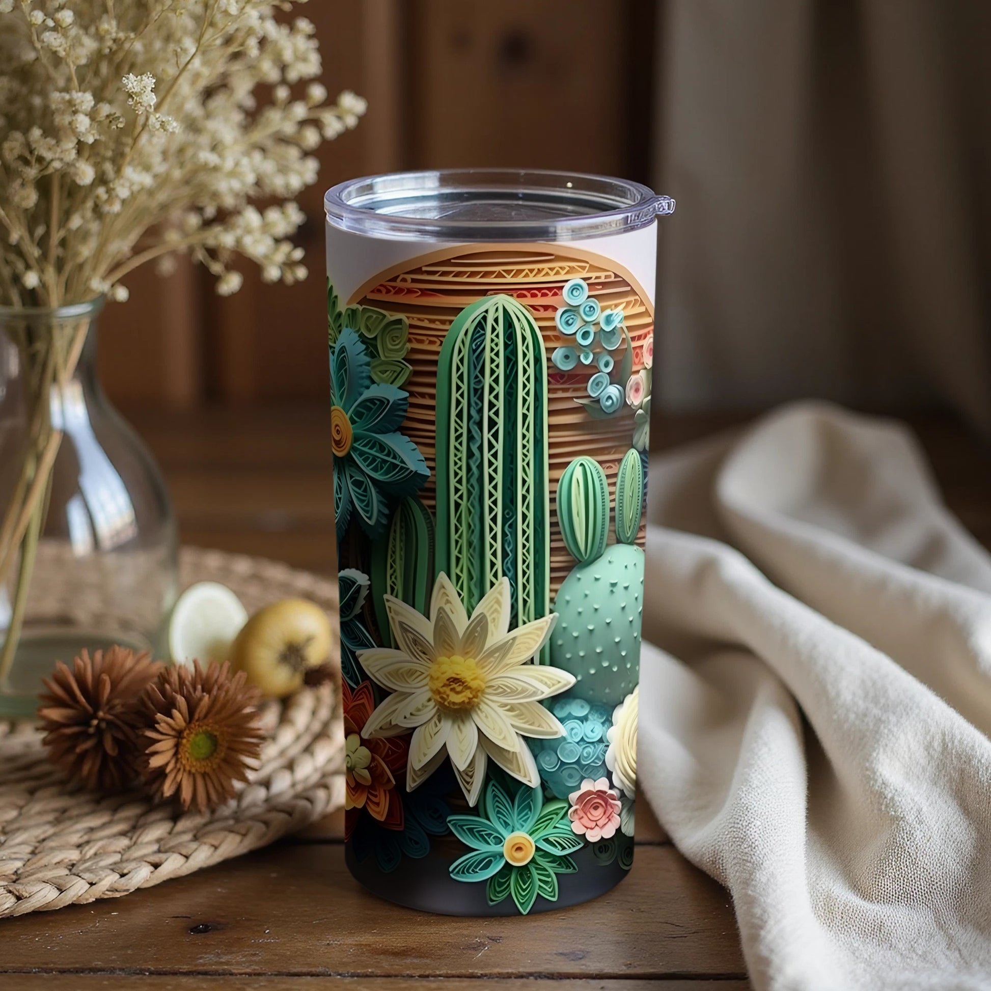 Cactus and Floral Design Tumbler with Lid Cup Product