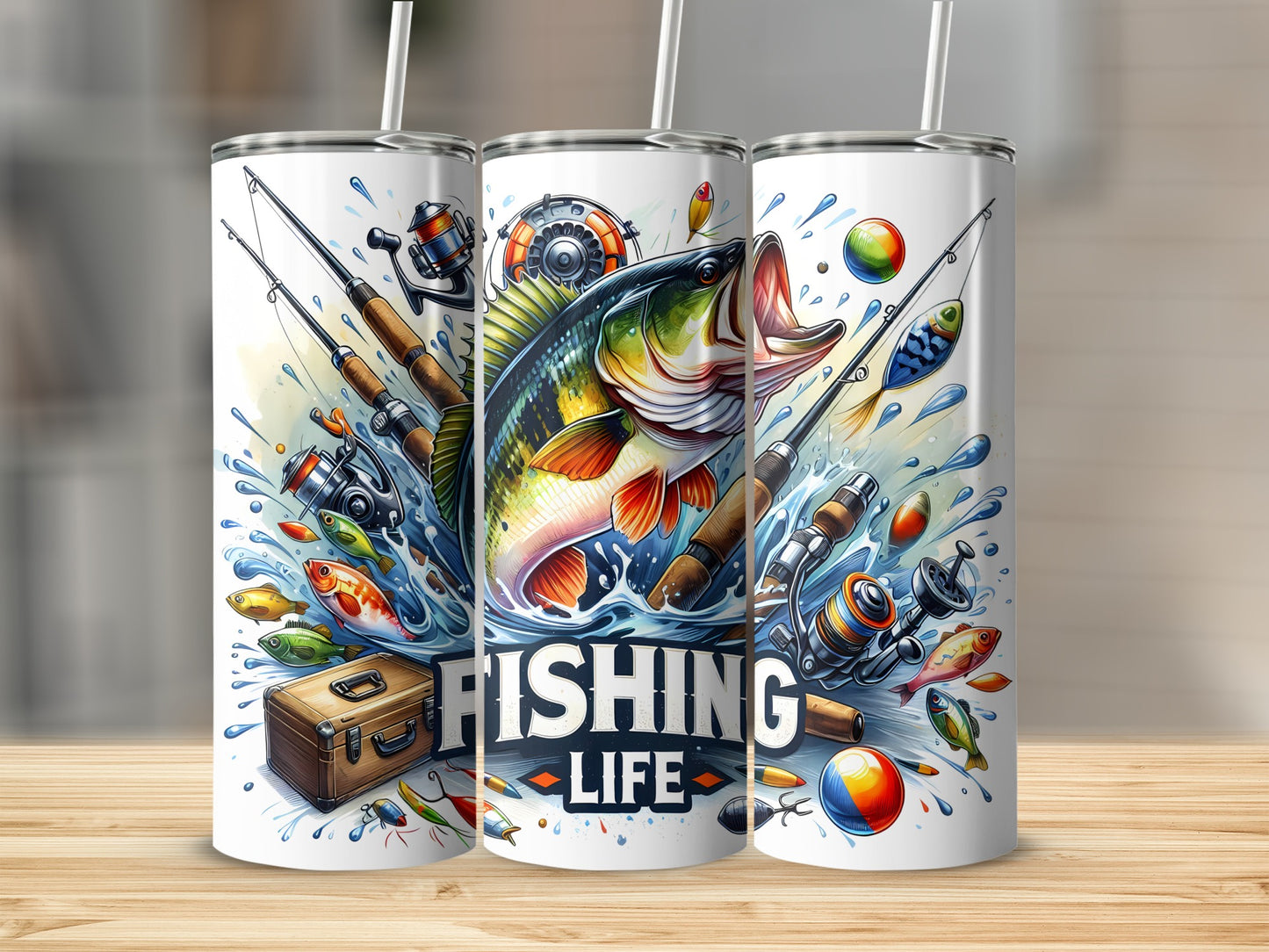 Three tumblers with fishing graphics featuring a bass and "Fishing Life" text.