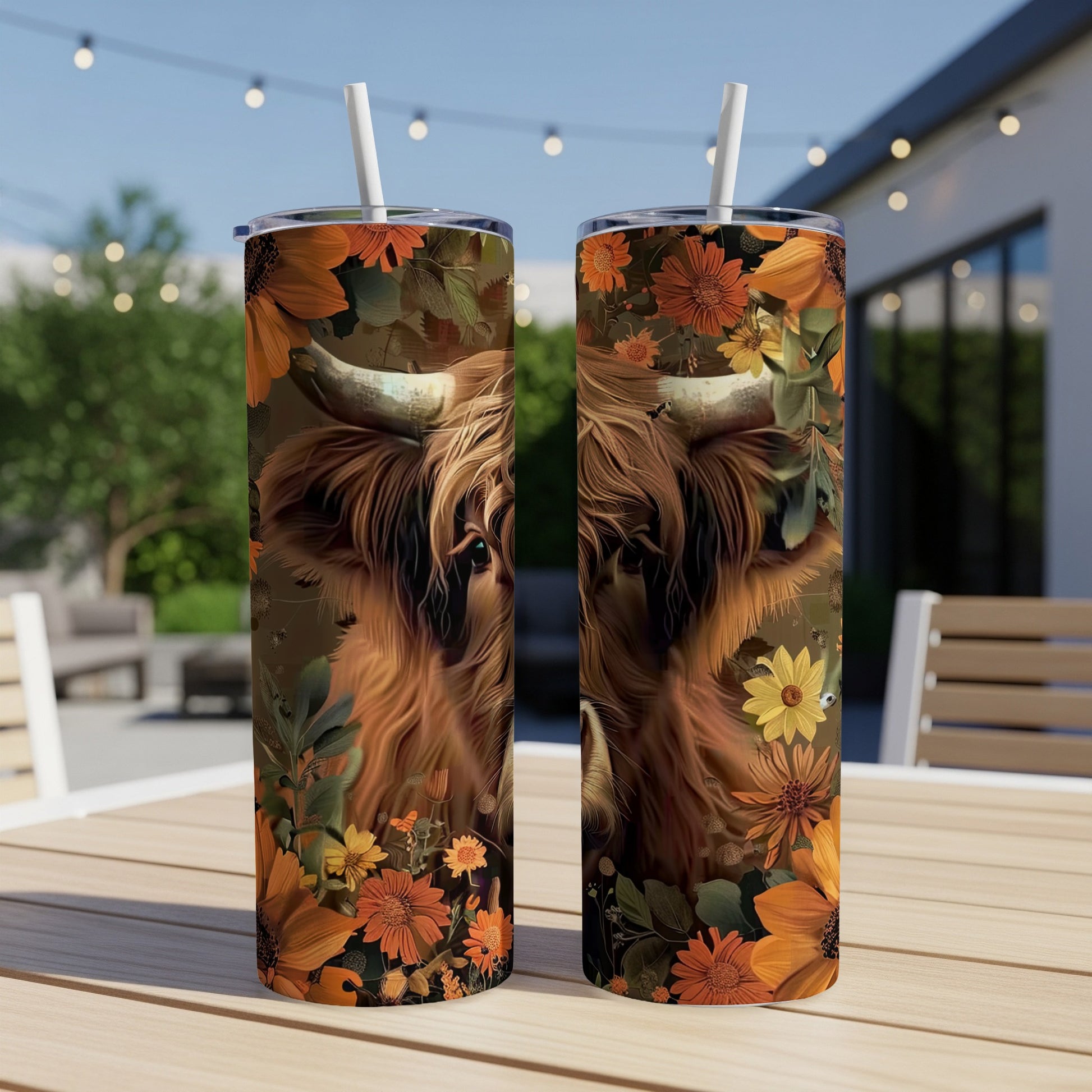 Highland cow face with flowers on a patterned tumbler cup.
