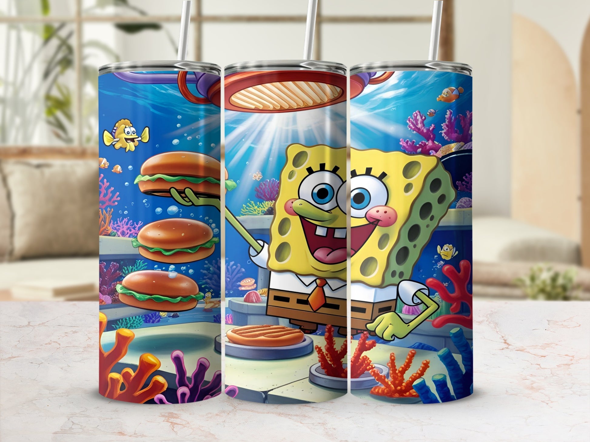 SpongeBob SquarePants holding a Krabby Patty in a bright underwater kitchen.