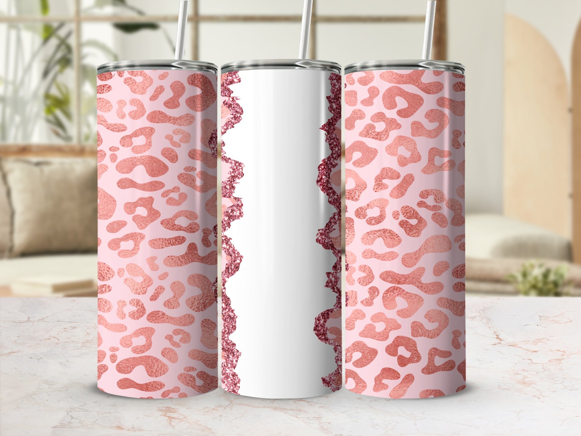 Pink leopard print tumbler with glitter and white center section.