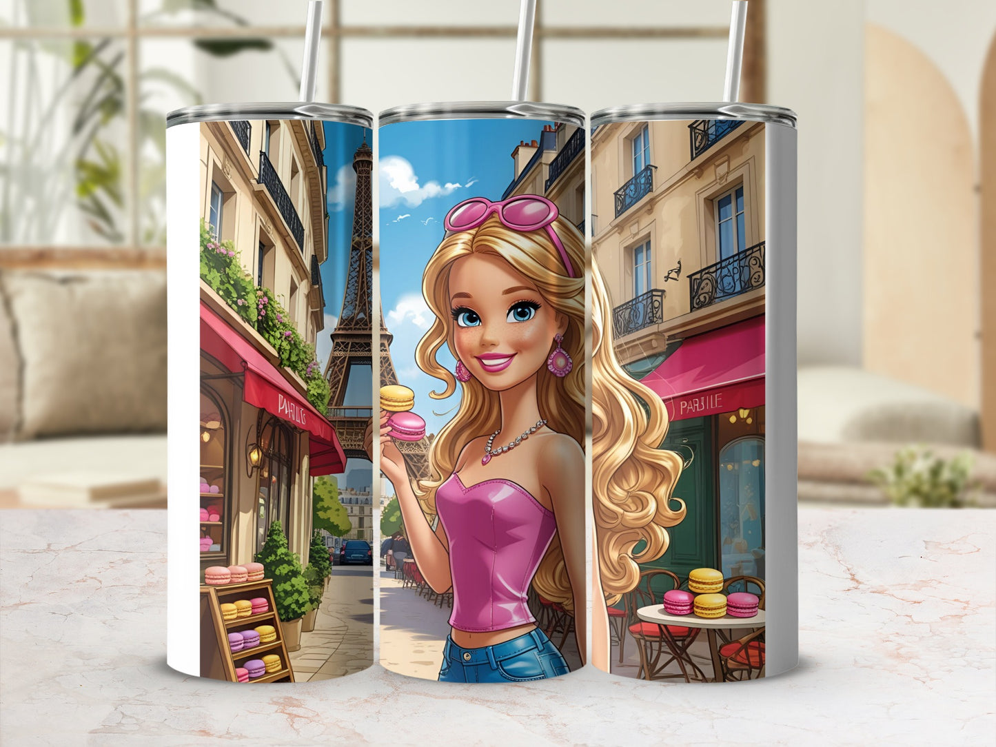Woman in pink holding macaron with Eiffel Tower and Parisian street scene.