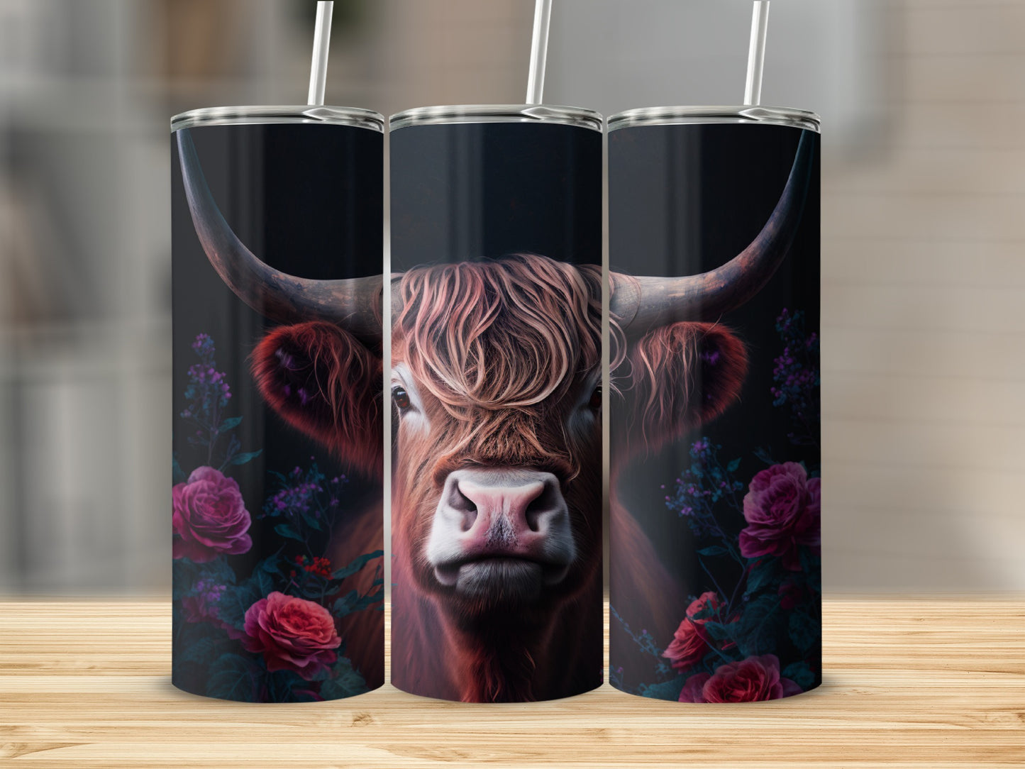 Highland cow with roses on three tumblers.