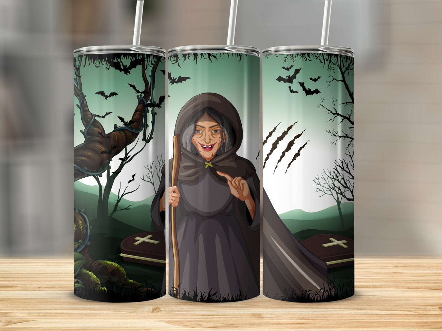Spooky Halloween Witch and Bats Design Tumbler