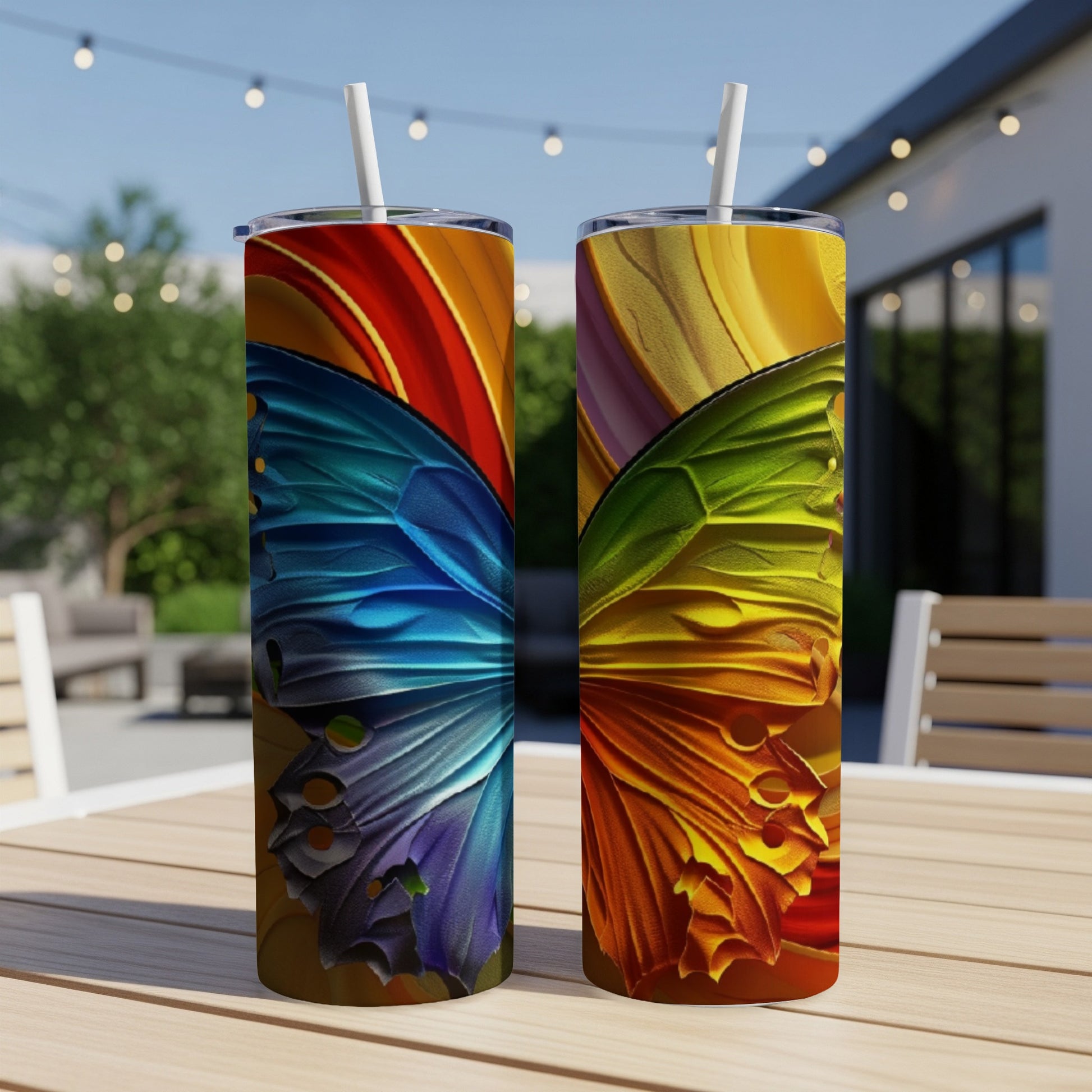 Two colorful butterfly wing pattern tumblers with straws on a wooden table.