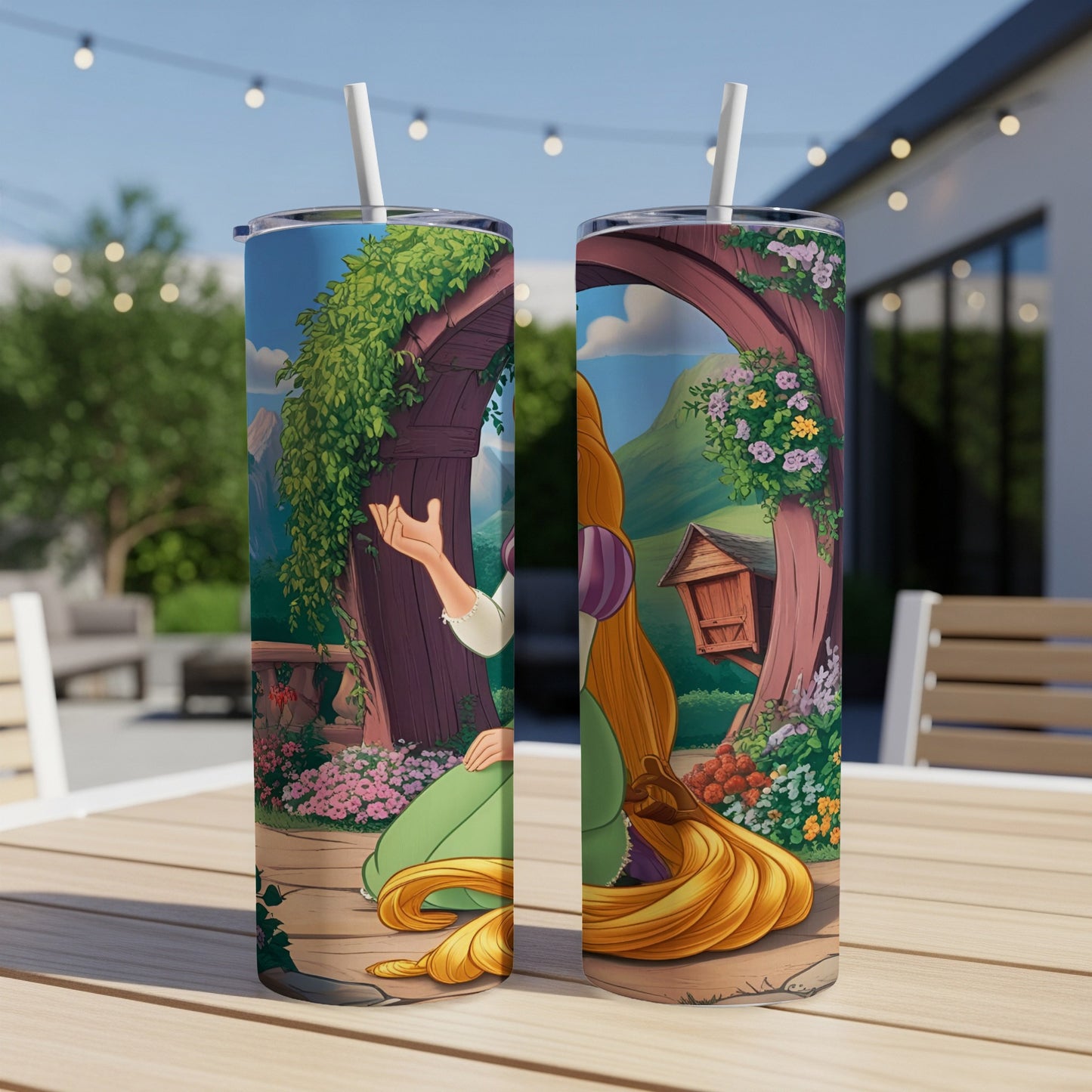 Two tumblers with Rapunzel sitting in a garden.