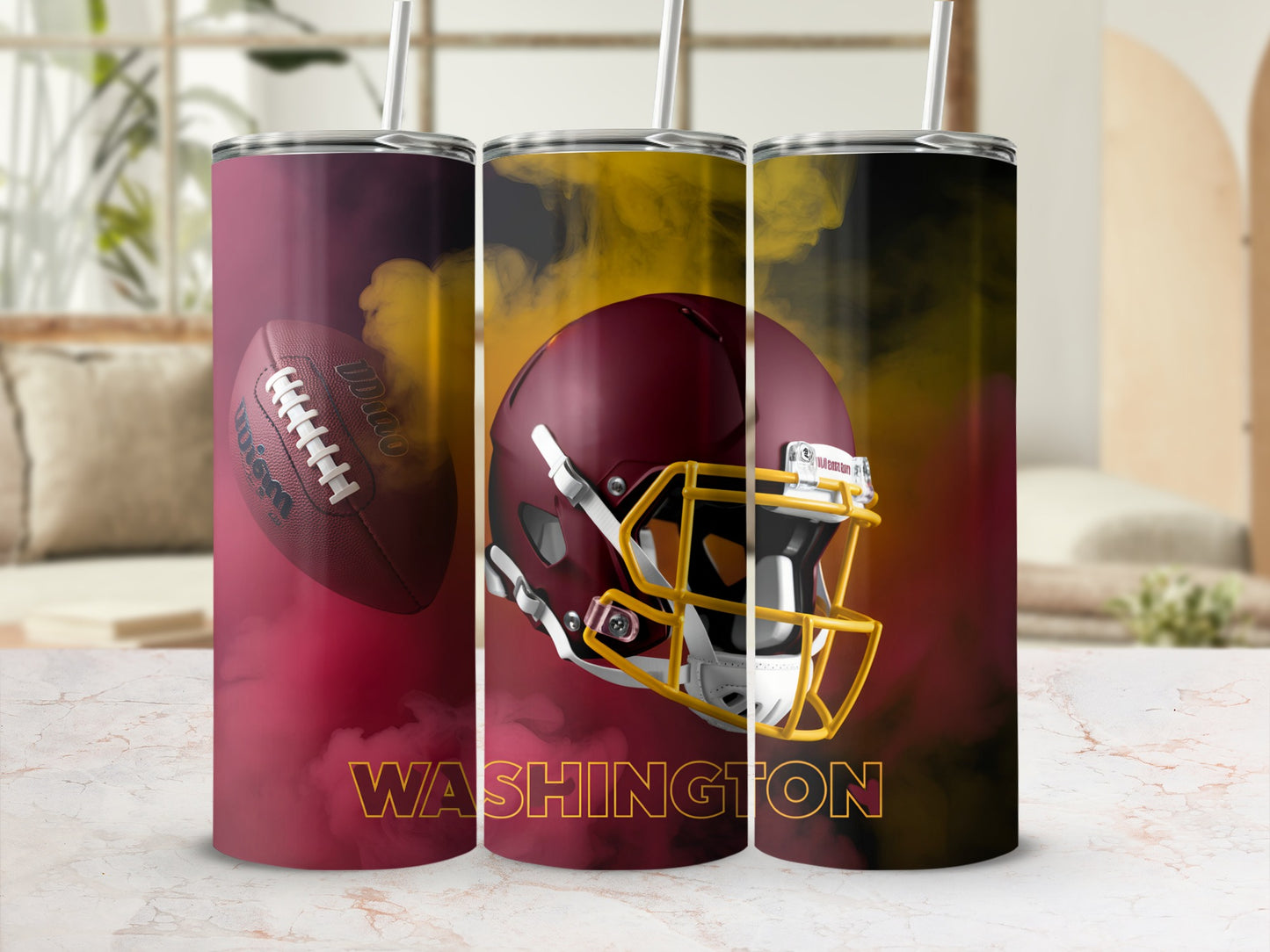 Washington football helmet and ball with smoky background.