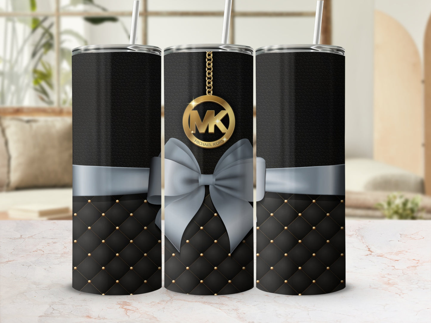 Elegant Black and Gold Pattern Tumbler with Ribbon Design