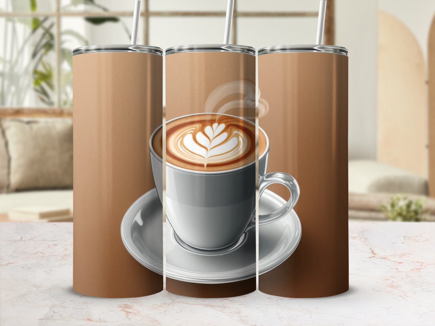 Three tumblers with a coffee cup latte art design.