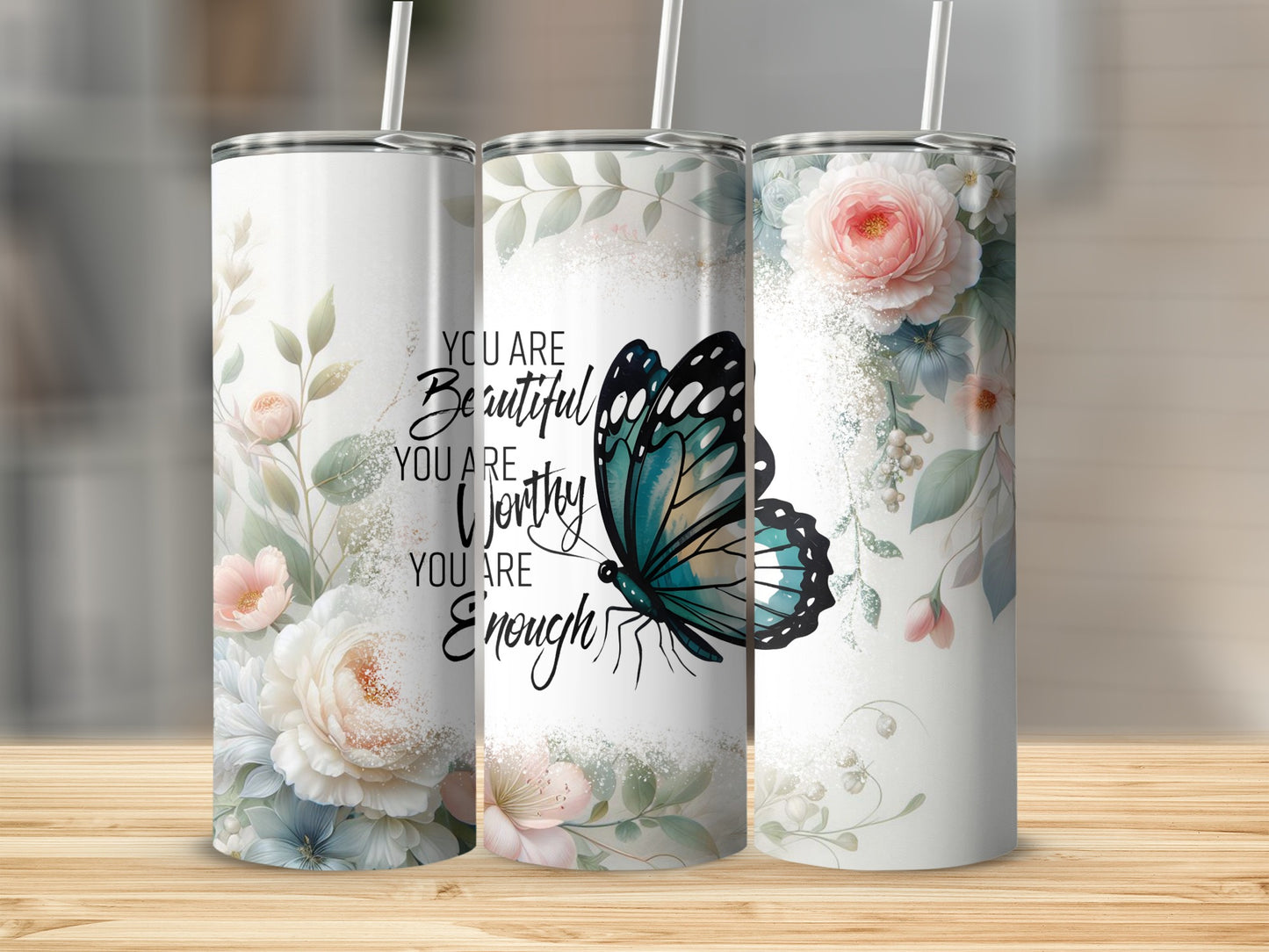 Floral and Butterfly Design Inspirational Tumbler
