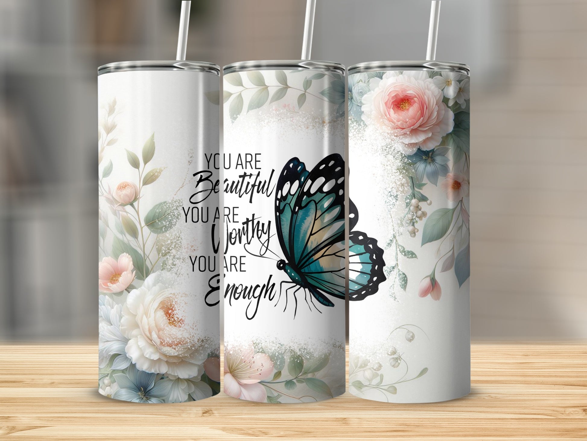 Floral and Butterfly Design Inspirational Tumbler