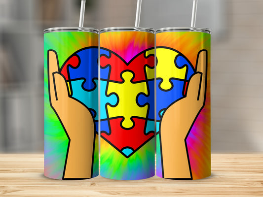 Colorful Hand Holding Puzzle Heart Design Tumbler