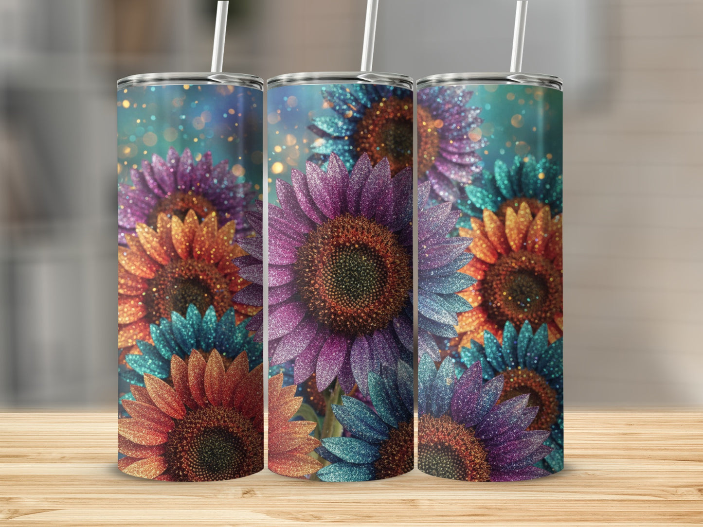 Glittering Multicolor Sunflower Design Tumbler