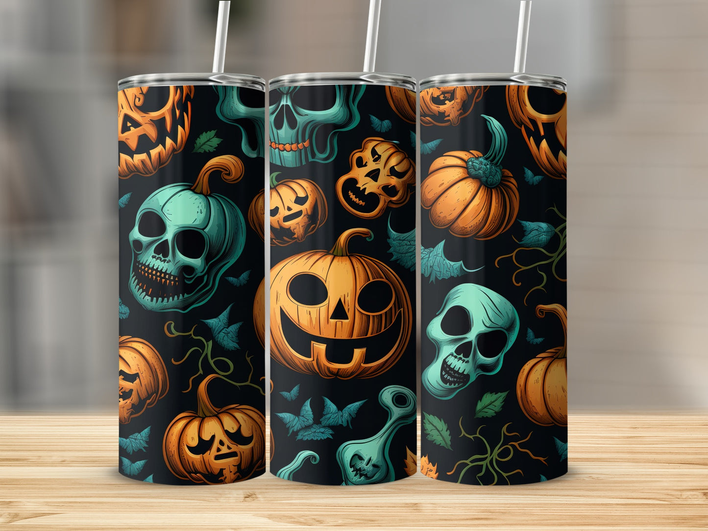 Halloween Pumpkin and Skull Design Tumbler Cup
