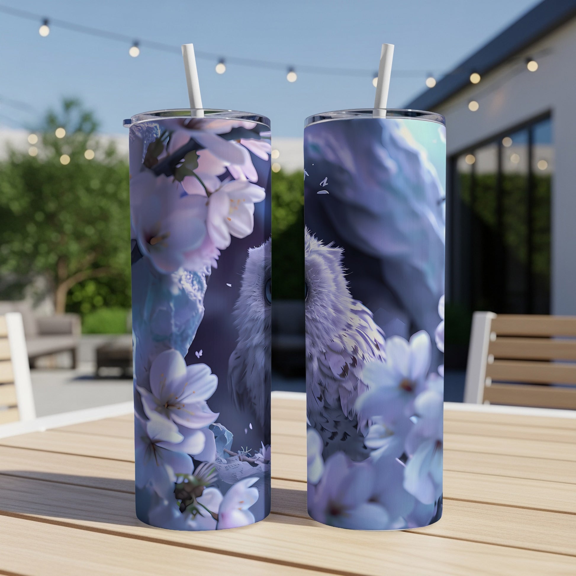 Two tumblers with a snowy owl and cherry blossoms design.