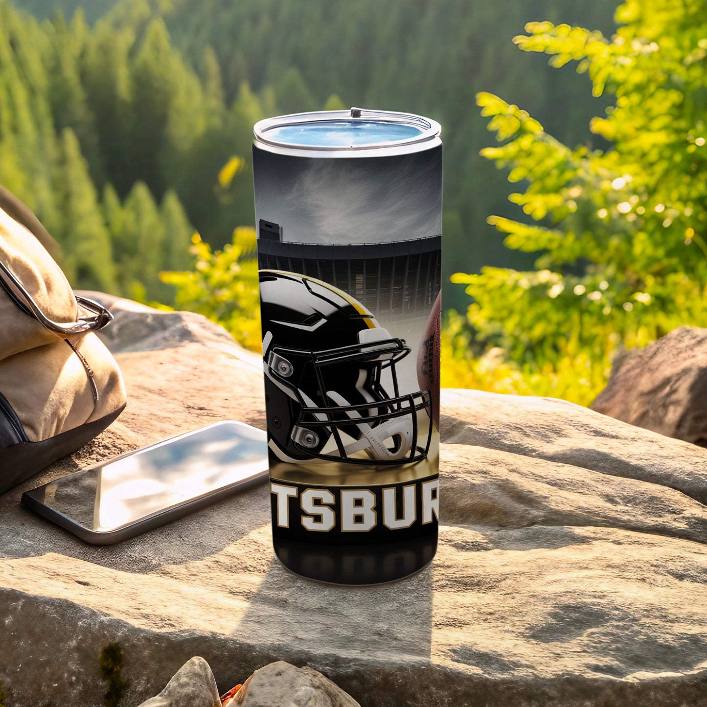 Pittsburgh Steelers football helmet and logo on a tumbler.