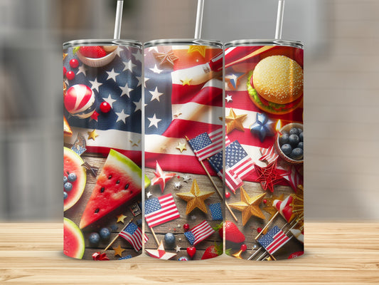 Three patriotic tumblers with American flag, watermelon, and hamburger designs.
