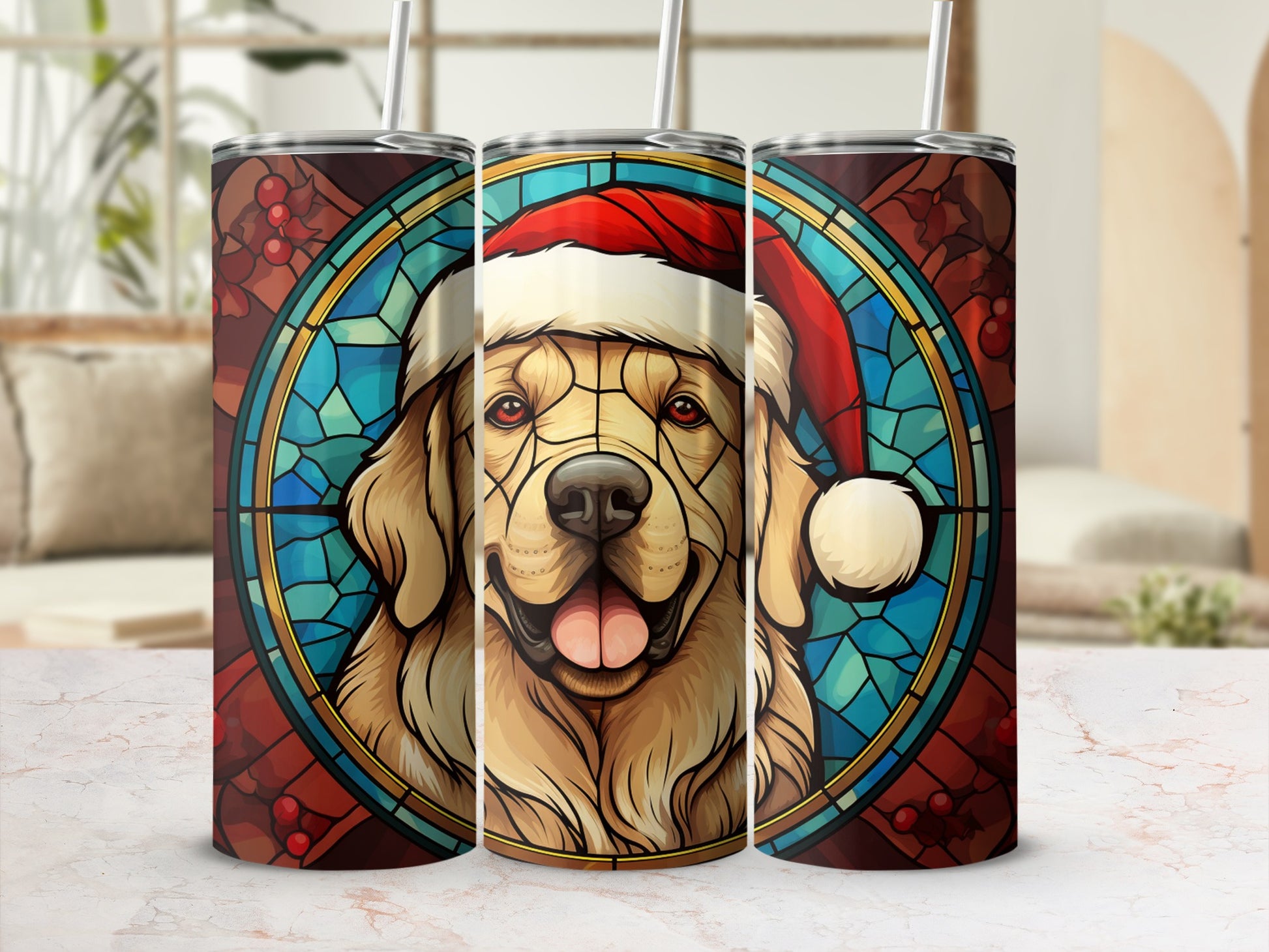 Golden Retriever wearing a Santa hat in stained glass design on a tumbler.