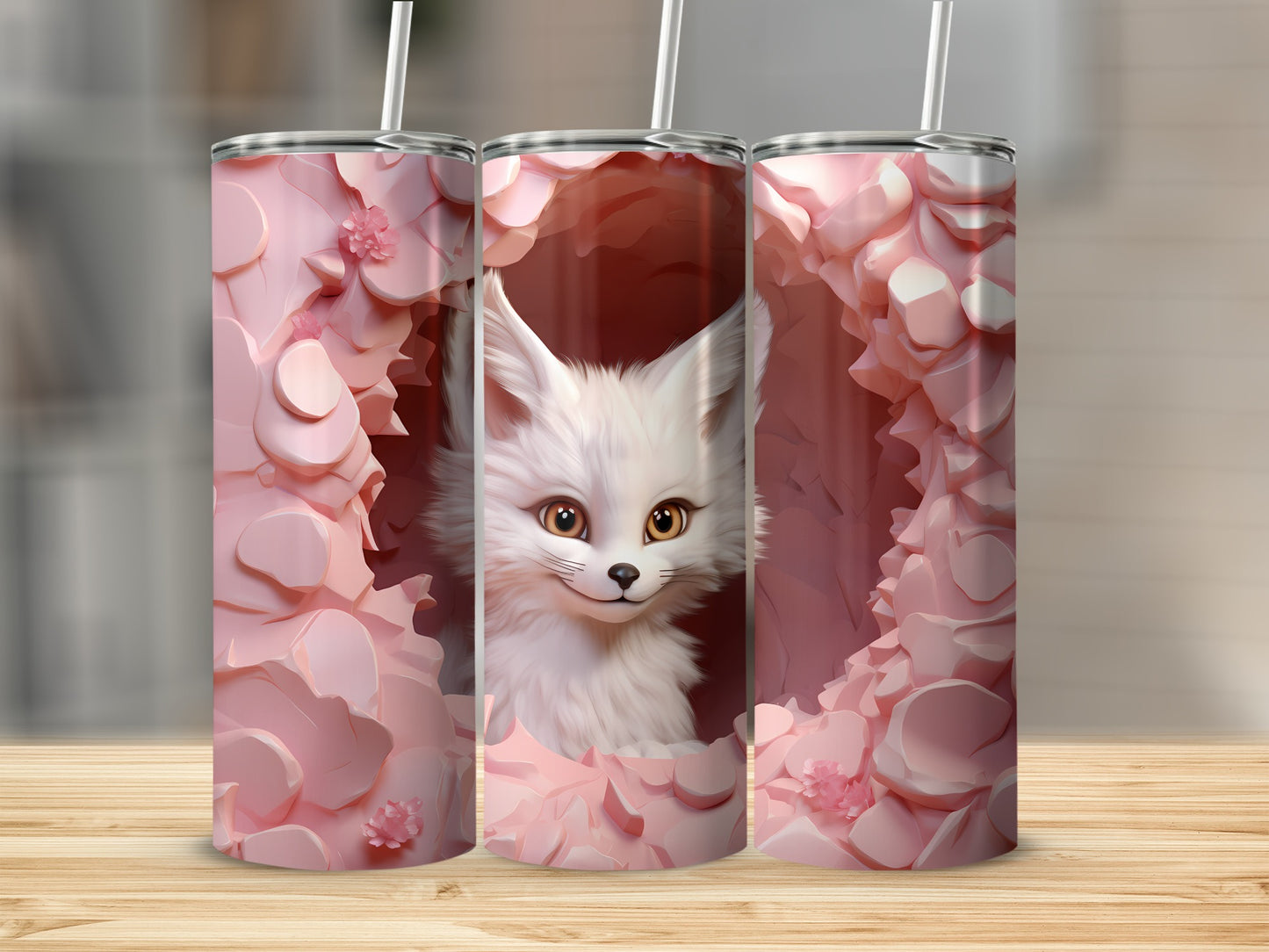 Cute White Fox with Pink Floral Tumbler Design