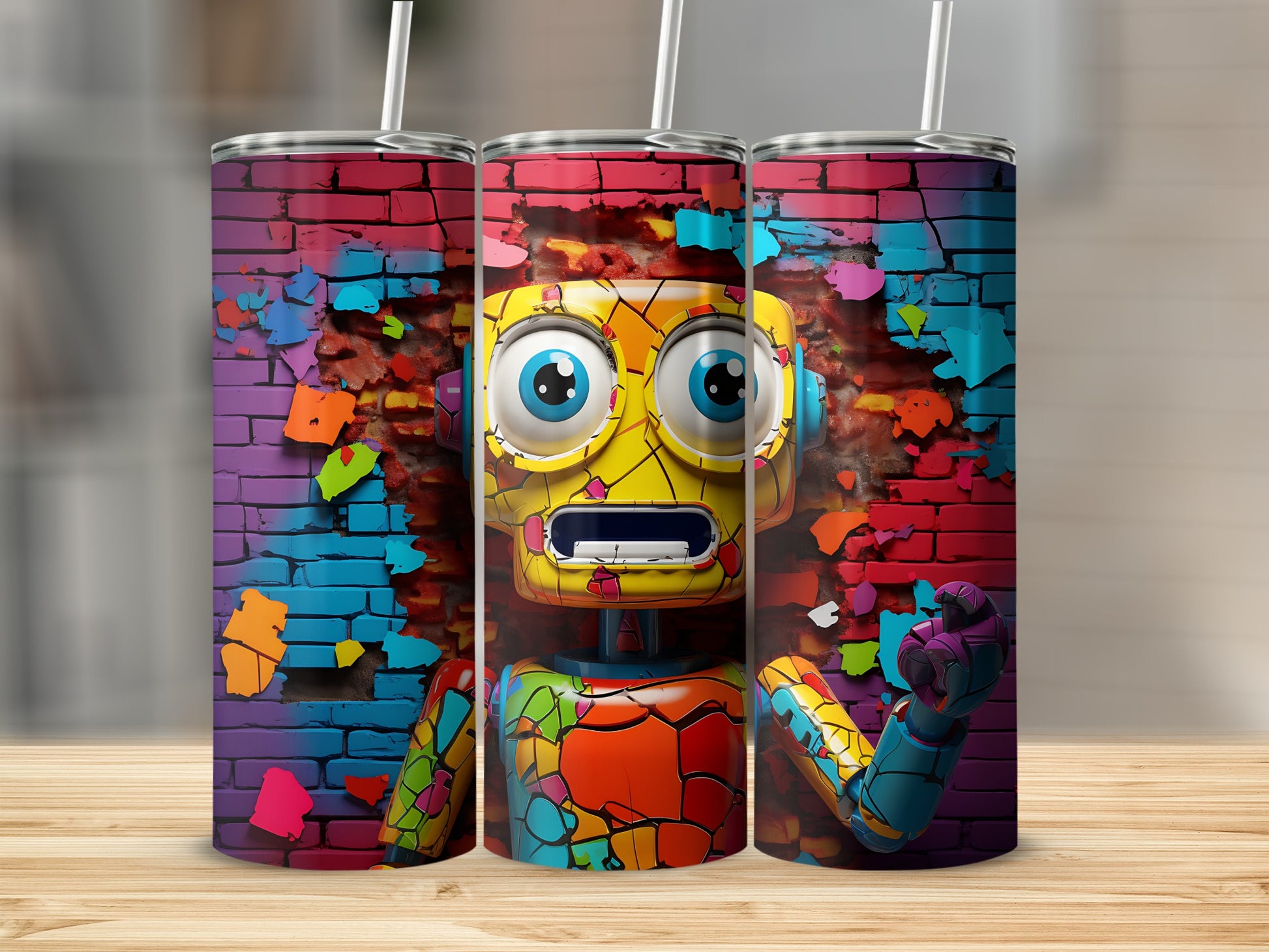Colorful Graffiti Robot Tumbler with Straw