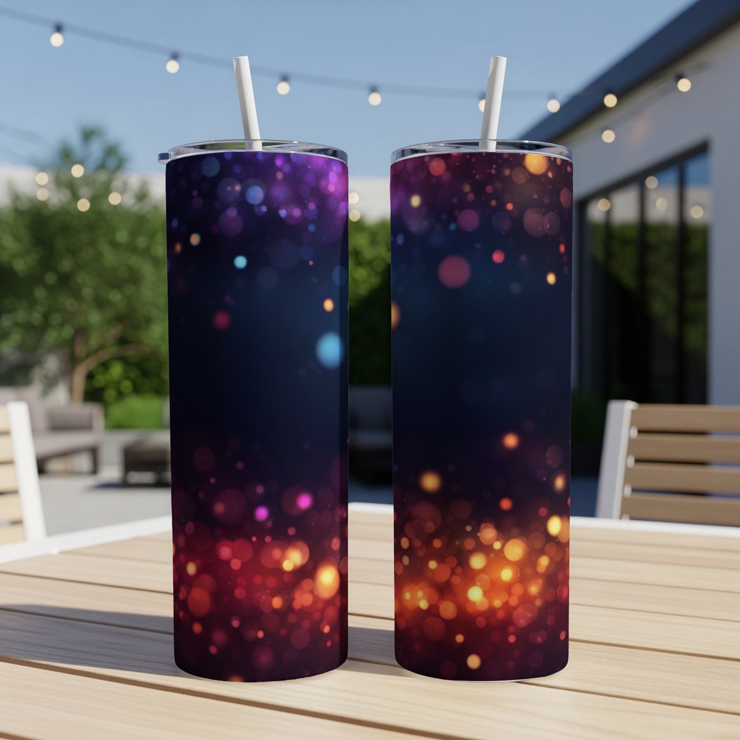 Two tall tumblers with bokeh lights pattern on a wooden table outdoors.