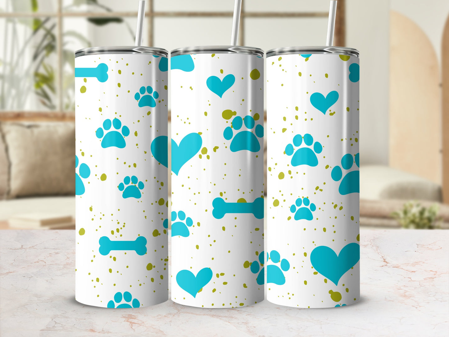 Blue Paw Print Heart and Bone Design Tumbler Cup