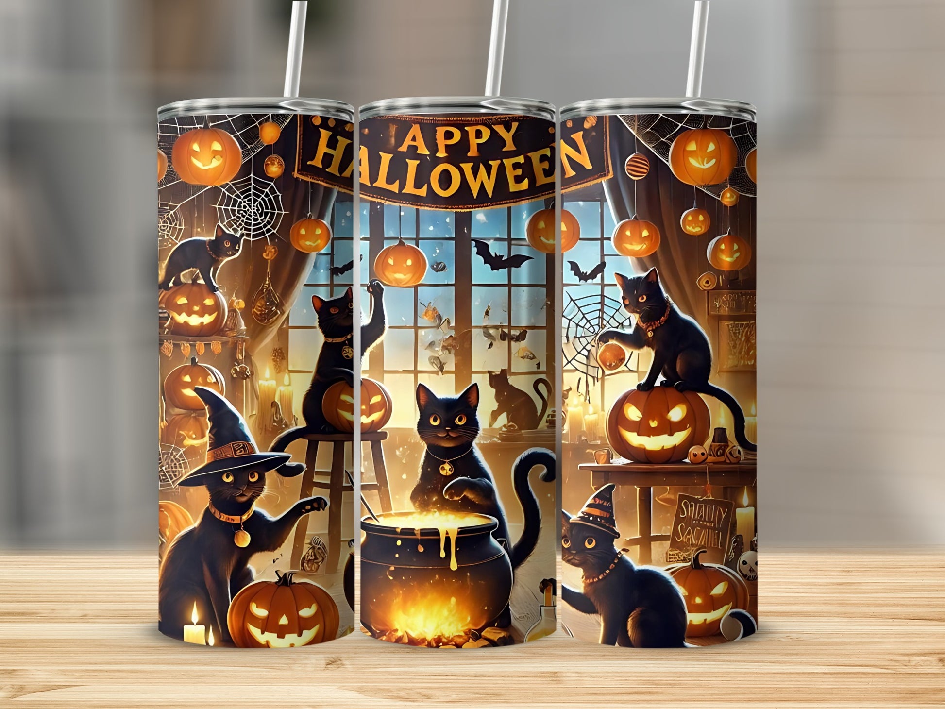 Halloween Pumpkin Black Cat Witch Scene Tumbler