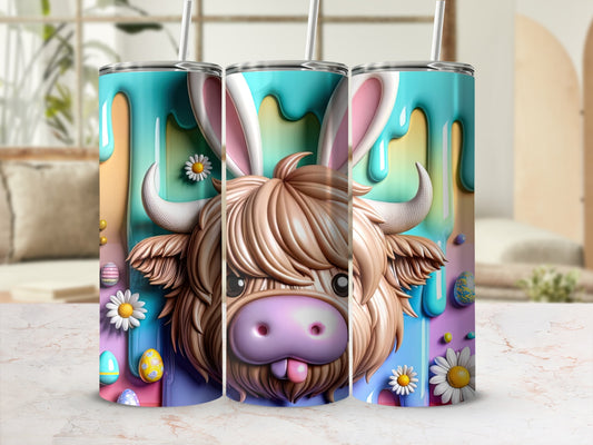 Easter highland cow with bunny ears and colorful eggs design.