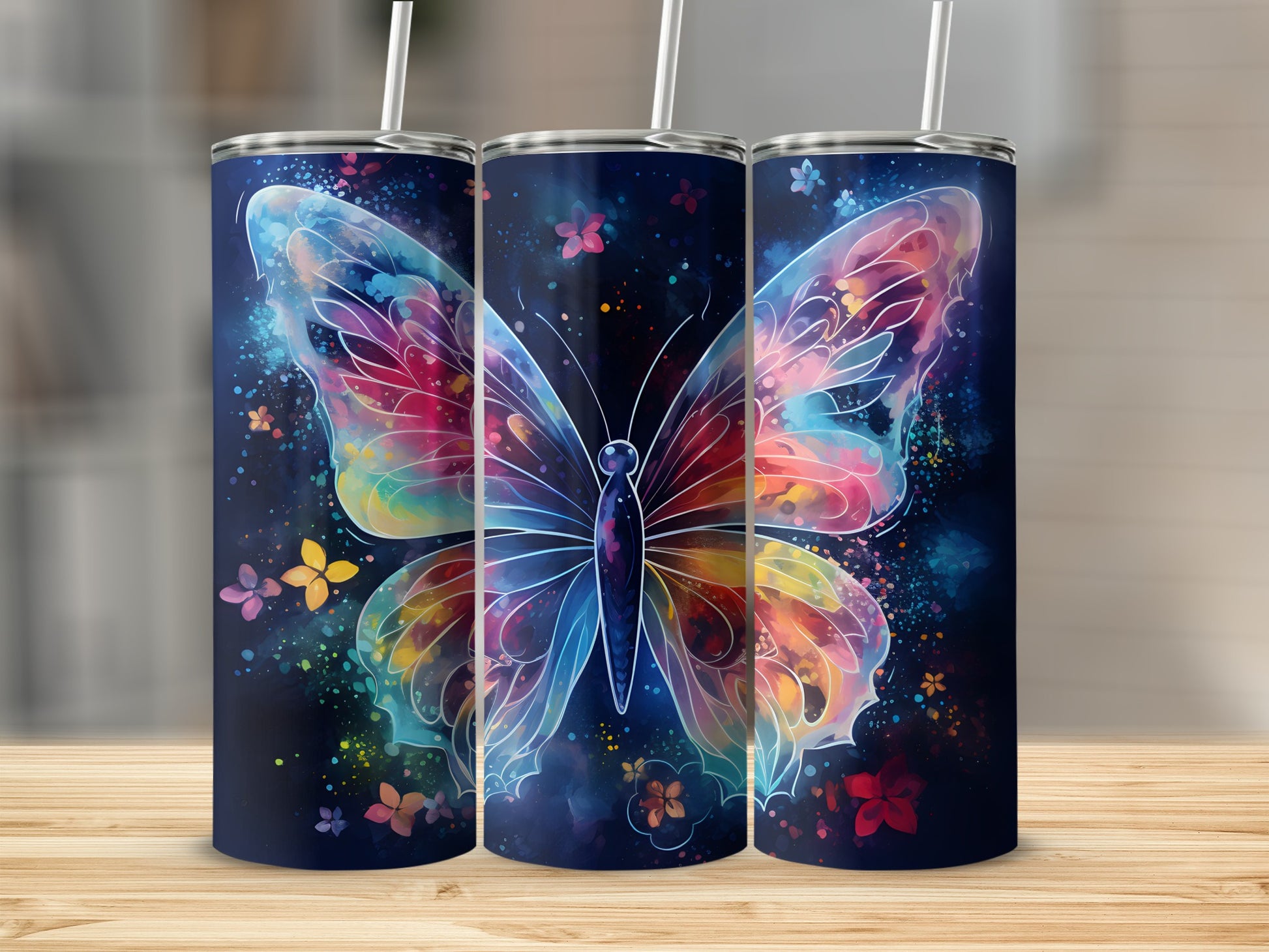 Tumbler with colorful watercolor butterfly and floral designs on dark background.