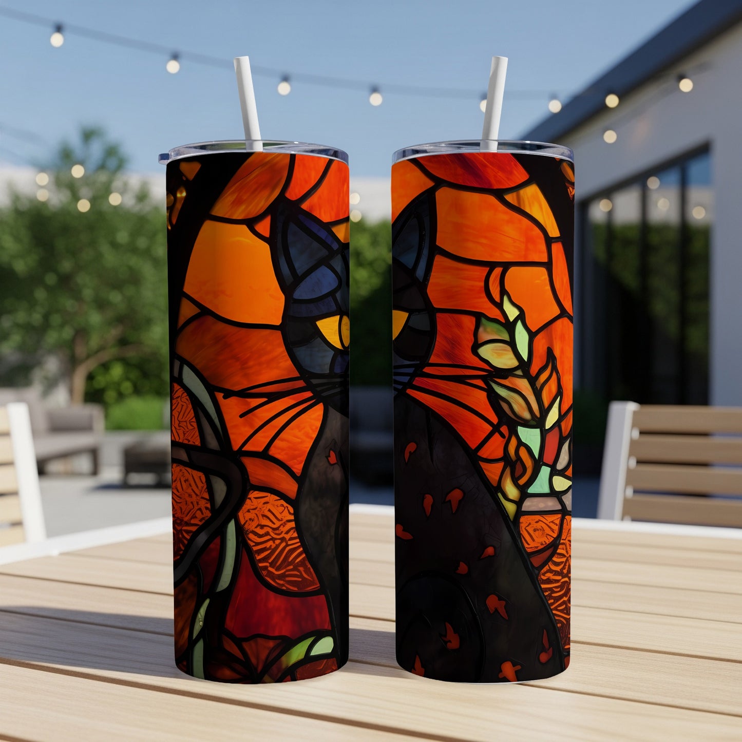 Stained glass black cat design on a double-walled tumbler.