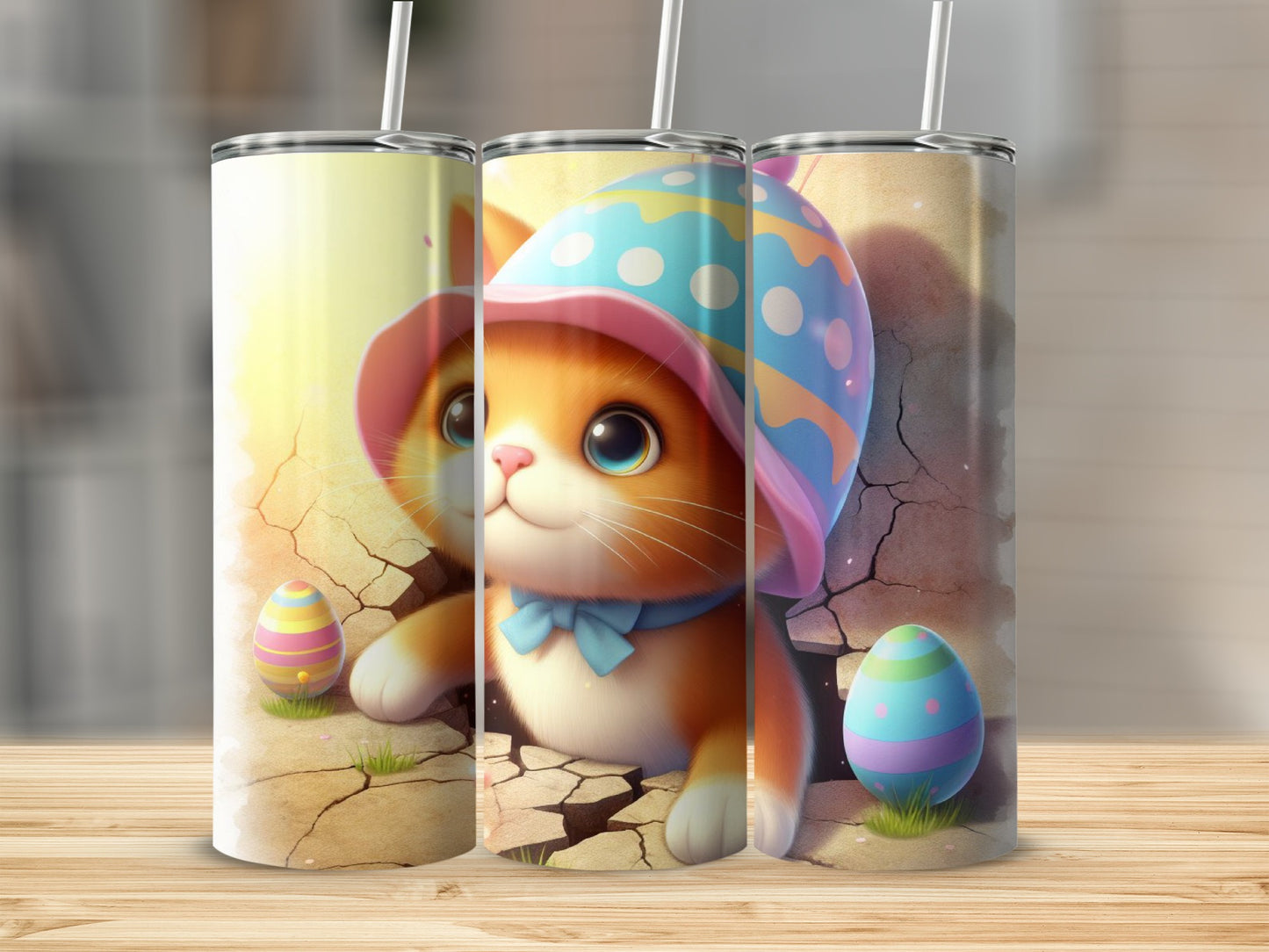 Orange cat wearing a blue polka dot hat with Easter eggs.