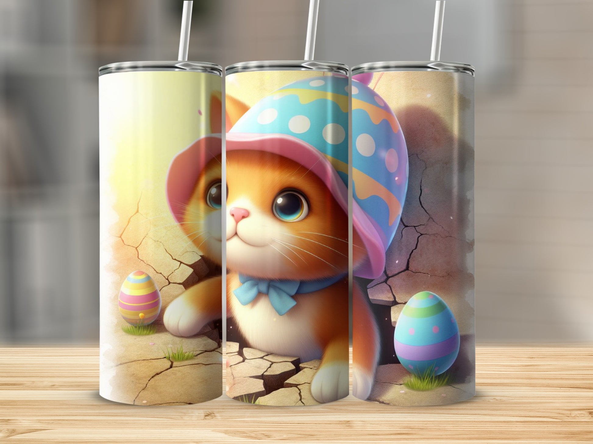 Orange cat wearing a blue polka dot hat with Easter eggs.