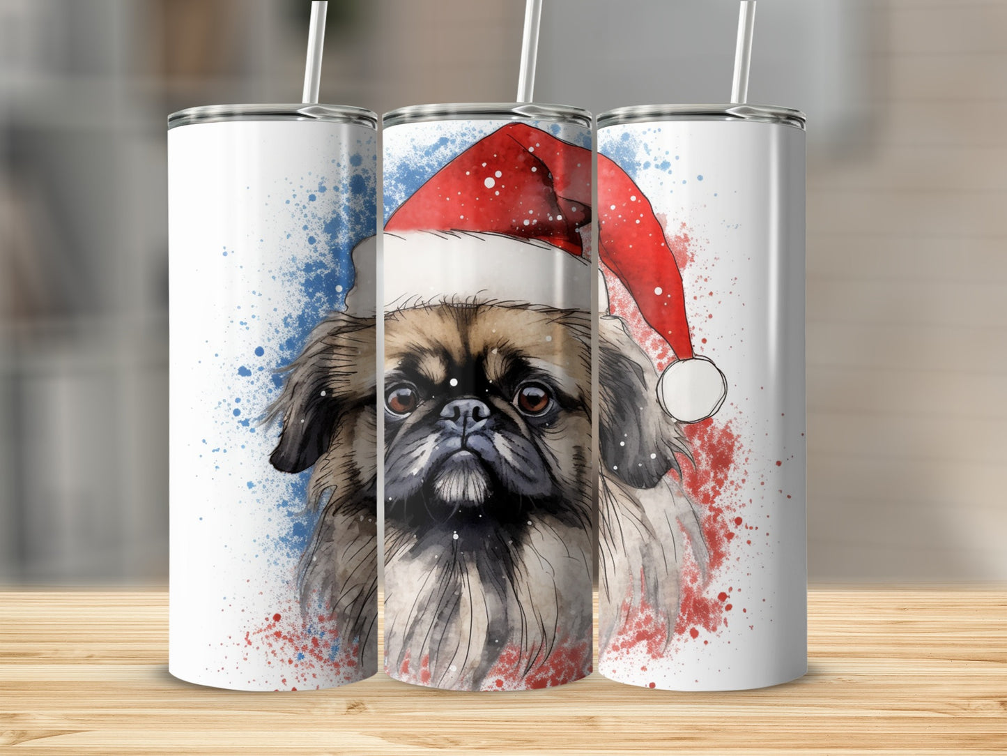 Watercolor Pekingese dog wearing a Santa hat on a white tumbler.