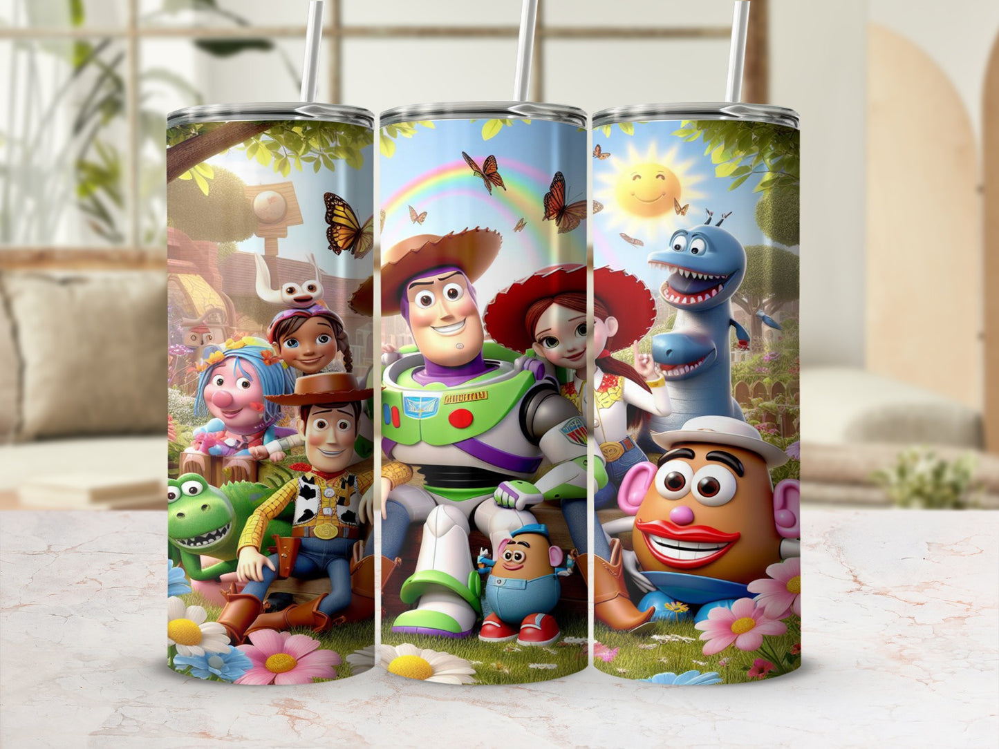 Toy Story characters Buzz Lightyear, Woody, Jessie, and Rex on a tumbler.