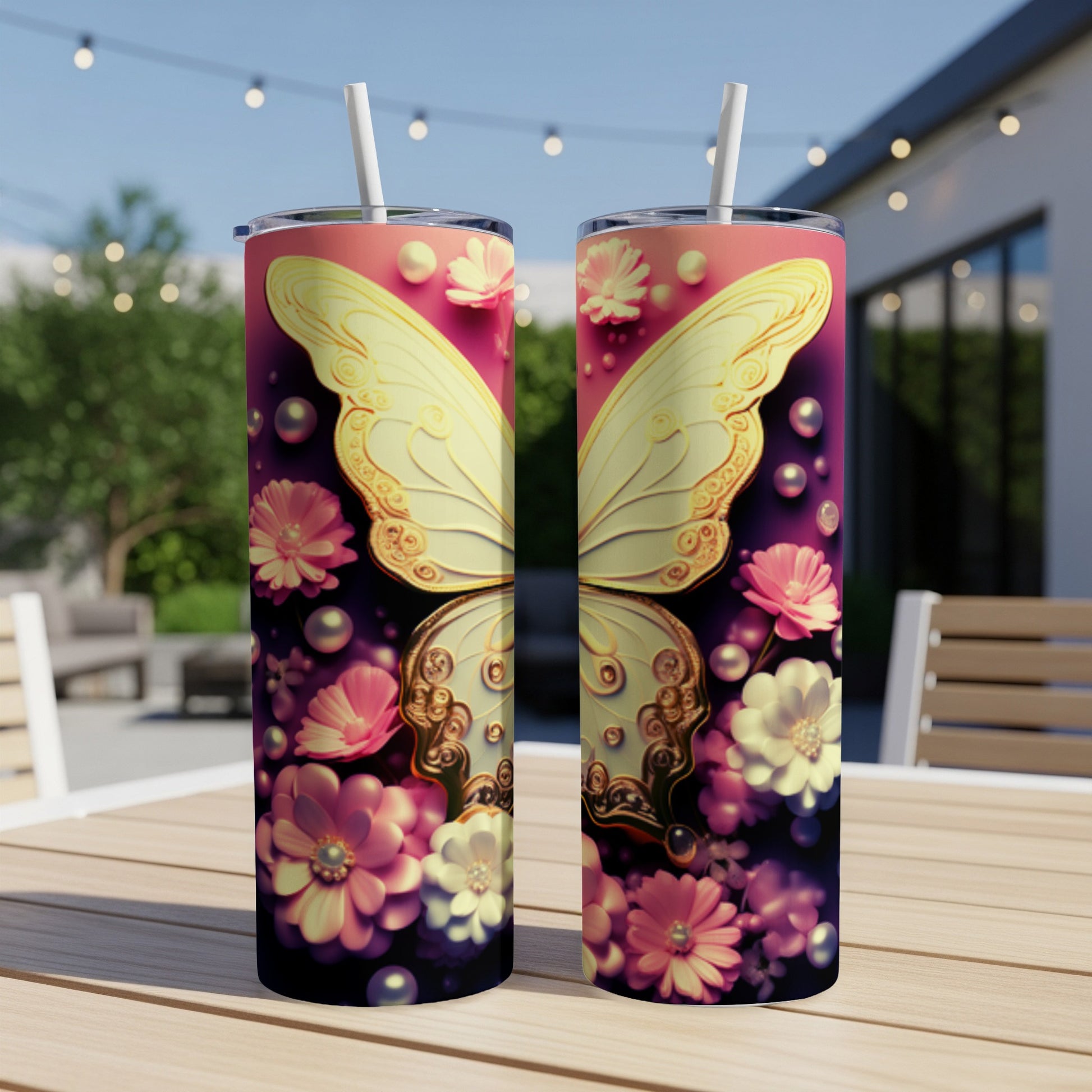 Two tall tumblers featuring a large, ornate yellow butterfly with floral accents.