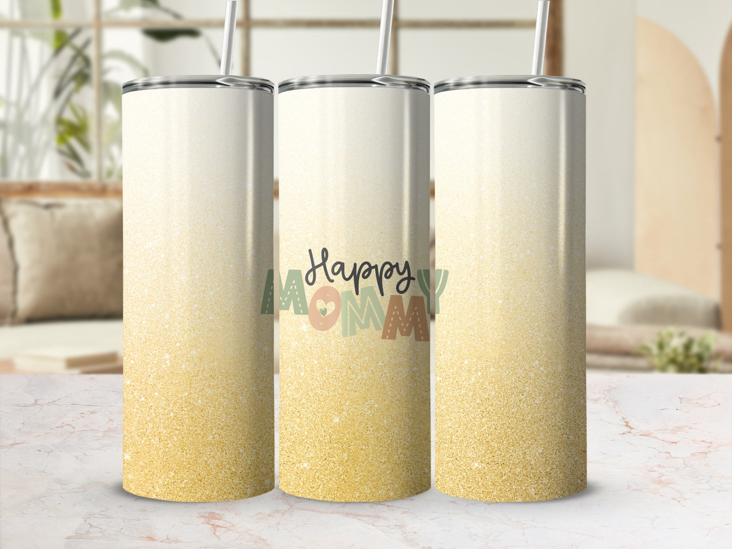 Glittery ombre tumbler with "Happy Mom" text in colorful blocks.